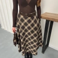 Kemer Detaylı Ekose Uzun Etek Kahve