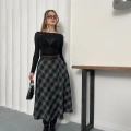 Kemer Detaylı Ekose Uzun Etek Siyah