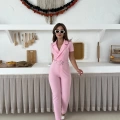 Kemer Detaylı Kruvaze Yaka Tulum Pembe