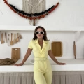 Kemer Detaylı Kruvaze Yaka Tulum Sarı