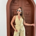 Kemer Detaylı Yelekli Takım Açık Kahve
