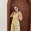 Kemer Detaylı Yelekli Takım Açık Kahve