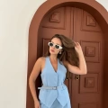 Kemer Detaylı Yelekli Takım Buz Mavi