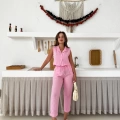 Keten Kumaş Yelek-Pantolon Takım Pembe