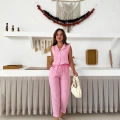 Keten Kumaş Yelek-Pantolon Takım Pembe