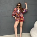 Kilim Desen Şortlu Kimono Takım Kırmızı