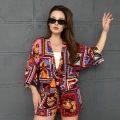 Kilim Desen Şortlu Kimono Takım Kırmızı