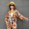 Kilim Desen Şortlu Kimono Takım Turuncu