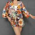 Kilim Desen Şortlu Kimono Takım Turuncu