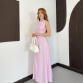 Kolsuz Düğüm Detay Midi Keten Elbise Pembe