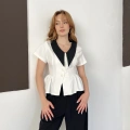 Kontrast Yaka Peplum Detaylı Bluz Beyaz