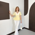 Kontrast Yaka Peplum Detaylı Bluz Sarı