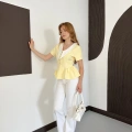 Kontrast Yaka Peplum Detaylı Bluz Sarı