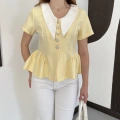 Kontrast Yaka Peplum Detaylı Bluz Sarı