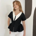 Kontrast Yaka Peplum Detaylı Bluz Siyah