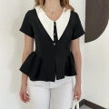 Kontrast Yaka Peplum Detaylı Bluz Siyah