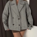 Kruvaze Yaka Cepli Kısa Kaşe Ceket Gri