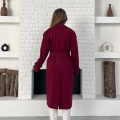 Midi Boy Kuşaklı Kaşe Kaban Bordo