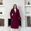 Midi Boy Kuşaklı Kaşe Kaban Bordo