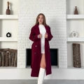 Midi Boy Kuşaklı Kaşe Kaban Bordo