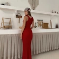 Omuz Büzgü Detay Gofre Elbise Kırmızı