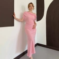 Omuz Büzgü Detay Uzun Elbise Pembe