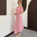 Omuz Büzgü Detay Uzun Elbise Pembe