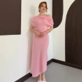 Omuz Büzgü Detay Uzun Elbise Pembe