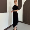 Omuz Büzgü Detay Uzun Elbise Siyah