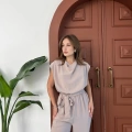 Omuz Vatkalı Bel Kuşaklı Premium Tulum Bej