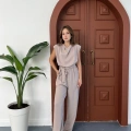 Omuz Vatkalı Bel Kuşaklı Premium Tulum Bej