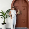 Omuz Vatkalı Bel Kuşaklı Premium Tulum Beyaz