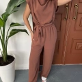 Omuz Vatkalı Bel Kuşaklı Premium Tulum Kahverengi