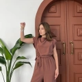 Omuz Vatkalı Bel Kuşaklı Premium Tulum Kahverengi