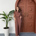 Omuz Vatkalı Bel Kuşaklı Premium Tulum Kahverengi