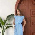 Omuz Vatkalı Bel Kuşaklı Premium Tulum Mavi