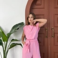 Omuz Vatkalı Bel Kuşaklı Premium Tulum Pembe