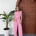 Omuz Vatkalı Bel Kuşaklı Premium Tulum Pembe