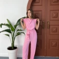 Omuz Vatkalı Bel Kuşaklı Premium Tulum Pembe
