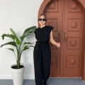 Omuz Vatkalı Bel Kuşaklı Premium Tulum Siyah