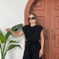 Omuz Vatkalı Bel Kuşaklı Premium Tulum Siyah
