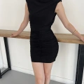 Omuz Vatkalı Drape Detaylı Mini Elbise Siyah