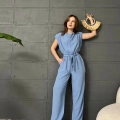 Omuz Vatkalı Kuşaklı Tulum Bebe Mavisi