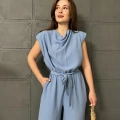 Omuz Vatkalı Kuşaklı Tulum Bebe Mavisi
