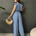 Omuz Vatkalı Kuşaklı Tulum Bebe Mavisi