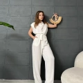 Omuz Vatkalı Kuşaklı Tulum Beyaz