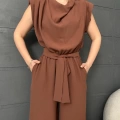 Omuz Vatkalı Kuşaklı Tulum Kahverengi