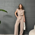 Omuz Vatkalı Kuşaklı Tulum Krem
