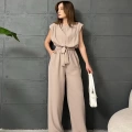 Omuz Vatkalı Kuşaklı Tulum Krem