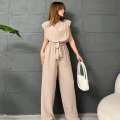 Omuz Vatkalı Kuşaklı Tulum Krem